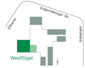 Grundriss zeigt auf der linken Seite die Lage des Westflügels