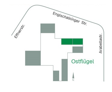 Grundriss zeigt auf der rechten Seite die Lage des Ostflügels