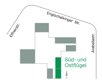 Grundriss zeigt auf der unteren Mitte die Lage des Ostflügels