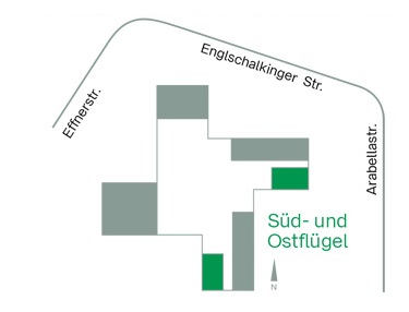 Grundriss zeigt im Ostflügel auf die beiden Räume unten und rechts